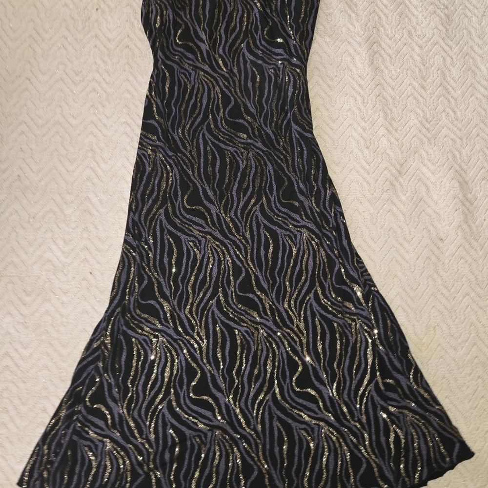 Black Maxi Evening Dress with Gold and Grey Wave Sequin Accents